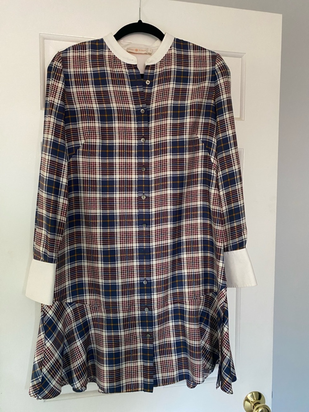 Tory Burch Navy, Burgundy & Ivory Plaid Button-Front Tunic